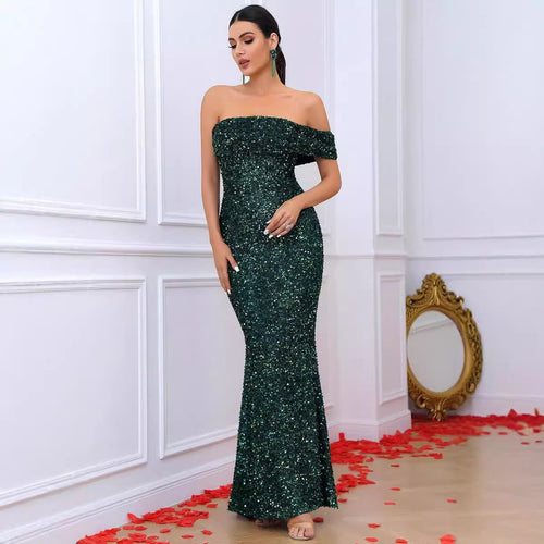Damen Glamouröses Abendkleid mit schulterfreiem Design und funkelnden Pailletten Drune