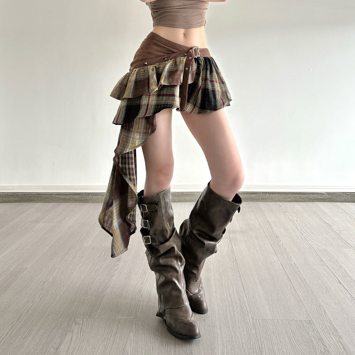 Damen Verspielter Karorock mit asymmetrischem Schnitt und verstellbarem Bund Drune
