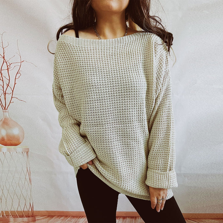 Damen lässiger Strickpullover mit weitem Schnitt und offenem Rückendesign Drune