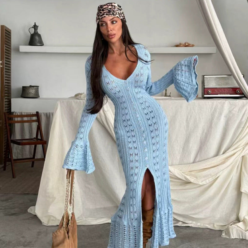 Damen Strickmaxikleid mit nostalgischem Lochmuster und elegantem V-Ausschnitt Drune