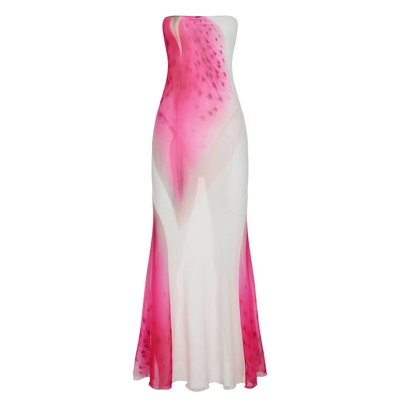 Damen elegantes Maxi-Kleid mit asymmetrischem Schnitt und floralem Designelement Drune
