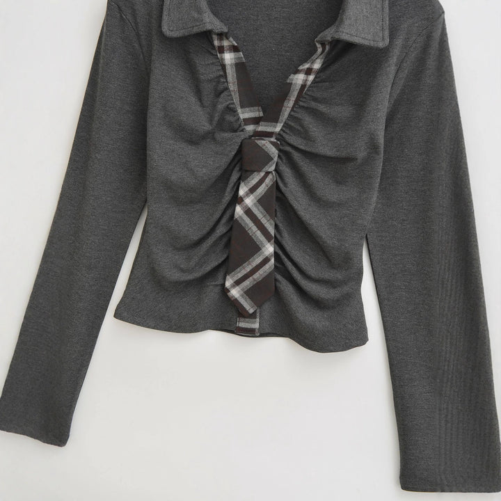 Damen Langarmshirt mit gerafftem Design und modernem Hemdkragen Drune