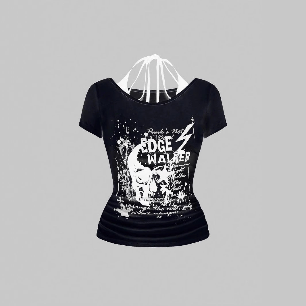 Damen kreatives Grafik-T-Shirt mit verführerischem Rückenausschnitt Drune
