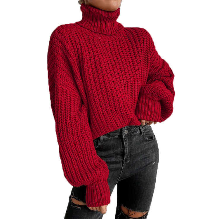 Damen Grob gestrickter Pullover mit hohem Kragen und weit ausgestellten Ärmeln Drune