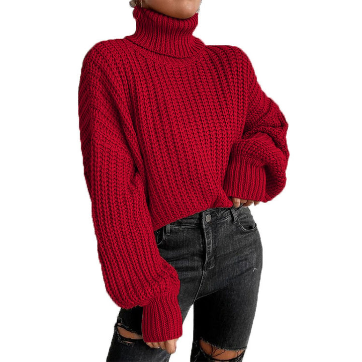 Damen Grob gestrickter Pullover mit hohem Kragen und weit ausgestellten Ärmeln Drune