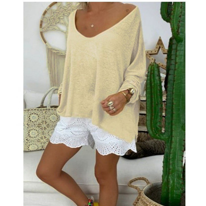 Damen lässiges Oversize-Shirt mit tiefem V-Ausschnitt und langen Ärmeln Drune