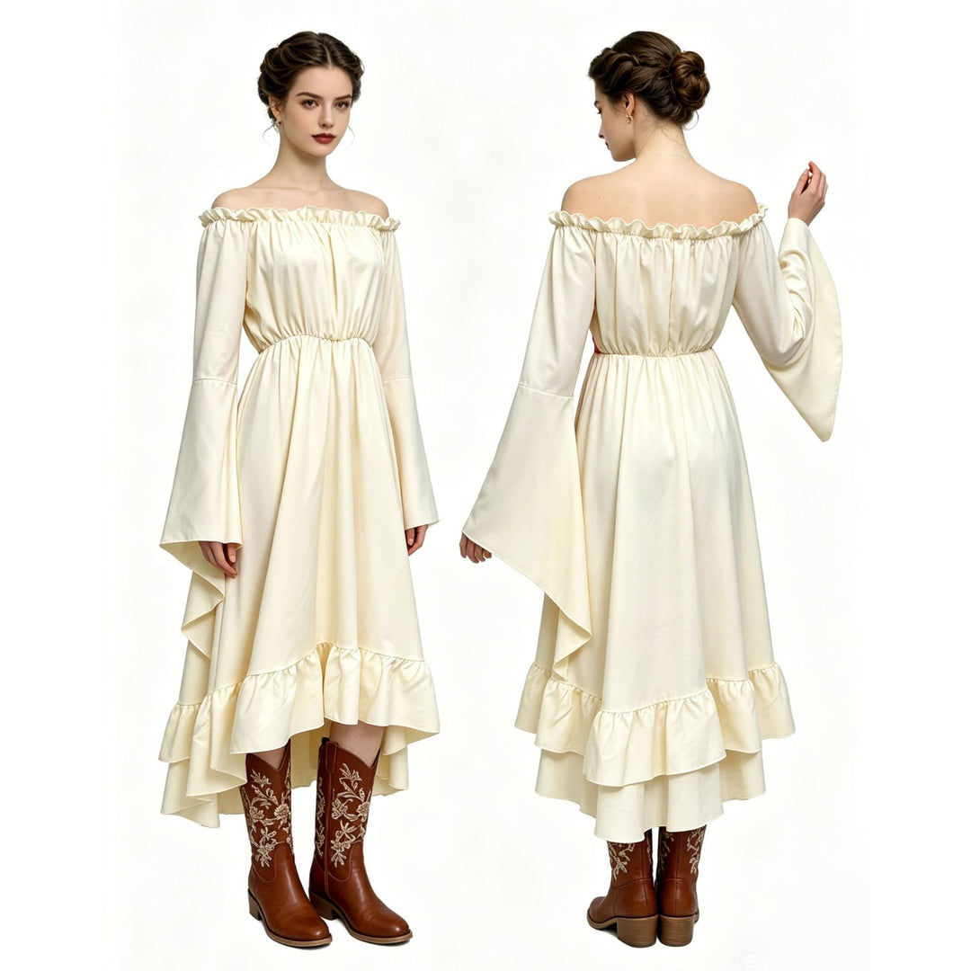 Damen nan schulterfreies Boho Maxikleid mit Volants, asymmetrischem Saum und Glockenärmeln Drune