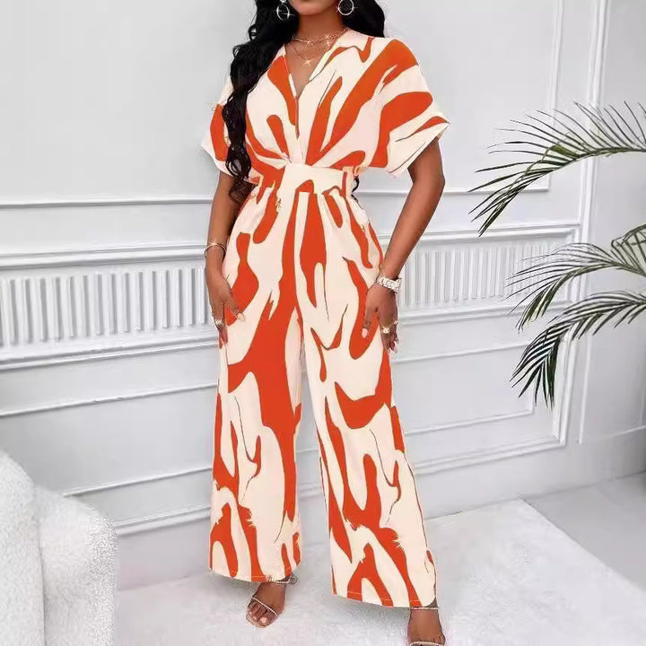 Damen Eleganter Jumpsuit mit großflächigem Muster und V-Ausschnitt Drune