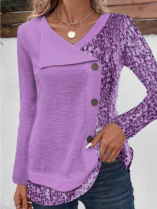 Damen Modisches Langarmshirt mit asymmetrischem Kragen und dekorativen Knopfdetails Drune