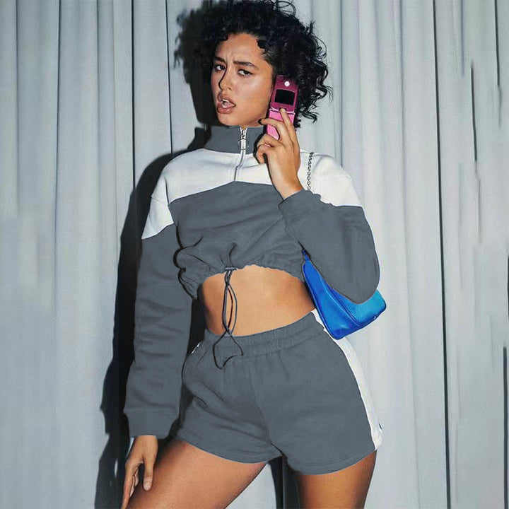 Damen sportliches Zweiteiler-Set mit cropped Jacke und Shorts Drune