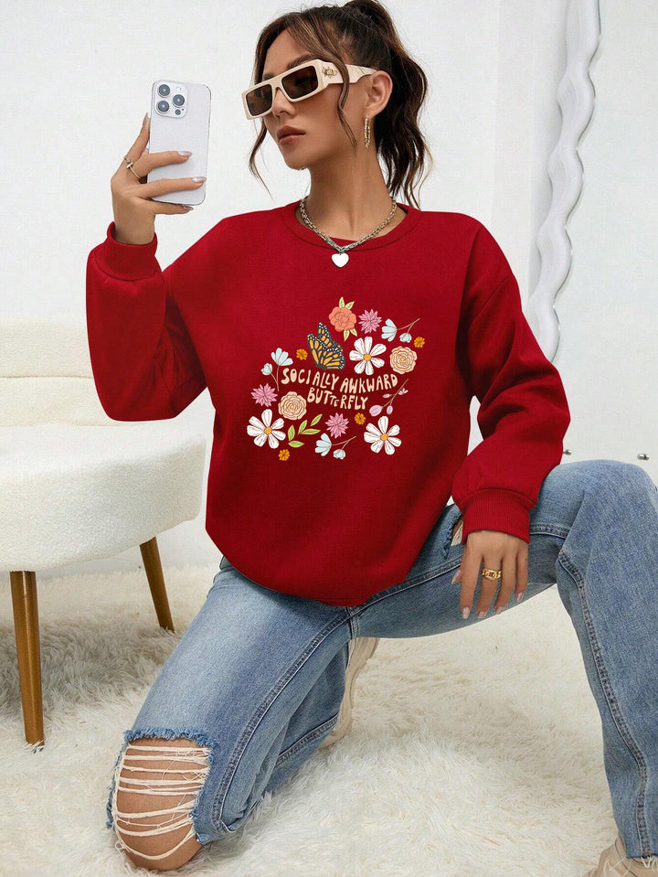 Damen Sweatshirt mit kreativem Floraldesign und inspirierendem Aufdruck Drune