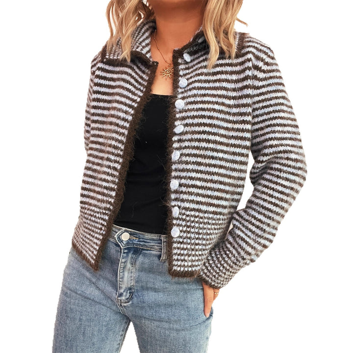 Damen modischer Strickcardigan mit strukturiertem Streifenmuster und großen Knöpfen Drune