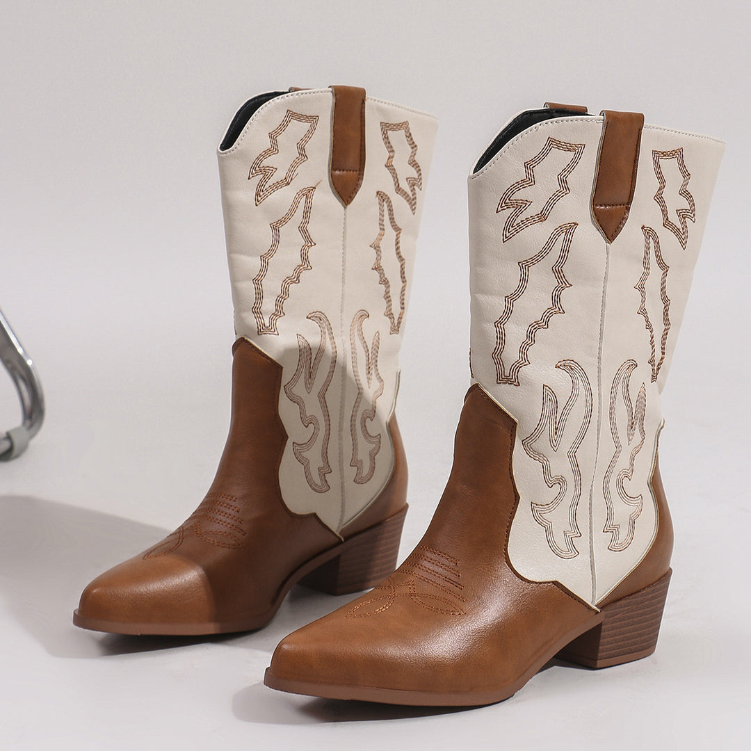 Damen nan Cowboystiefel im Westernstil mit mittelhohem Blockabsatz spitzer Zehenkappe und dekorativer Stickerei Drune