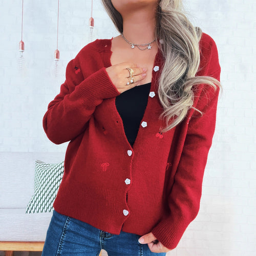 Damen Strickjacke mit liebevollem Blumen- und Kirschdesign Drune