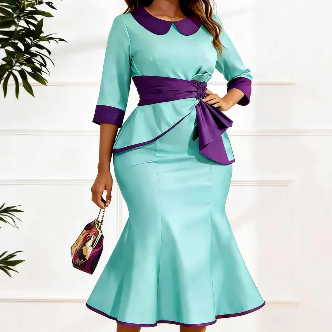 Damen elegantes Kleid mit modischem Kragen und asymmetrischem Taillendetail Drune