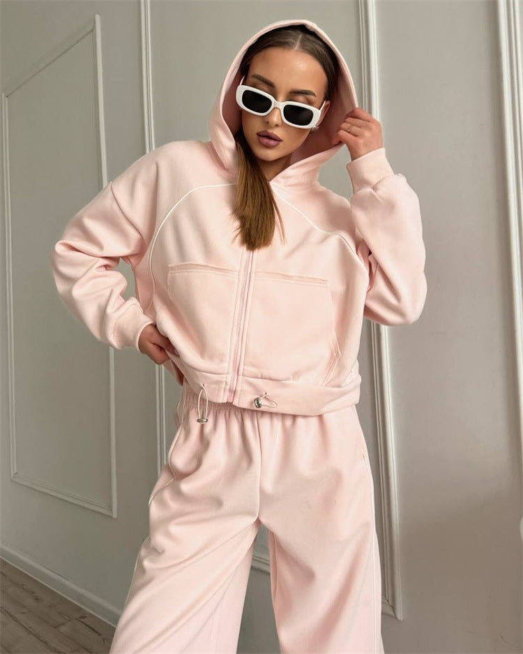 Damen nan Kapuzenjacke und weite Jogginghose Set mit kontrastnähten Drune
