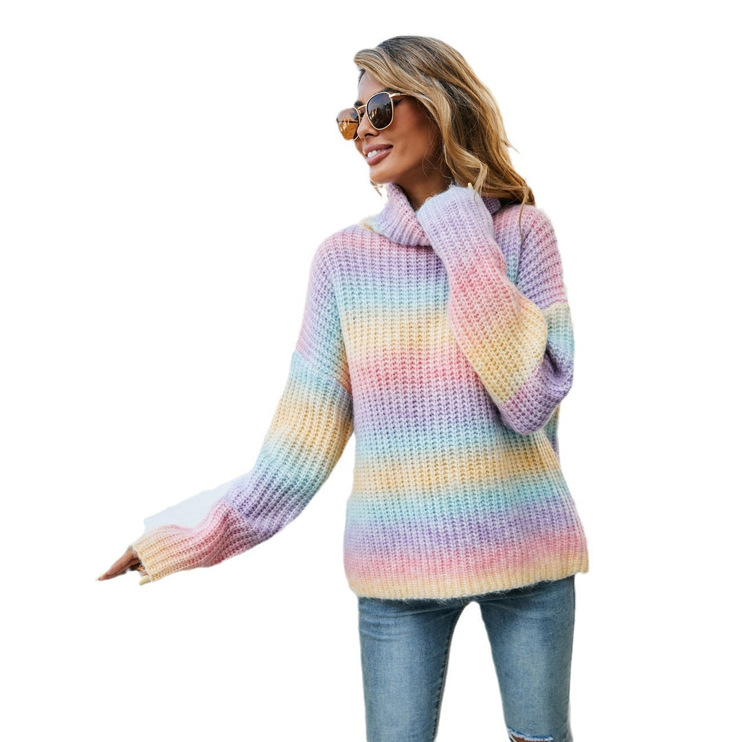 Damen trendiger Pullover mit weitem Rollkragen und einem bunten Wellenmuster Drune