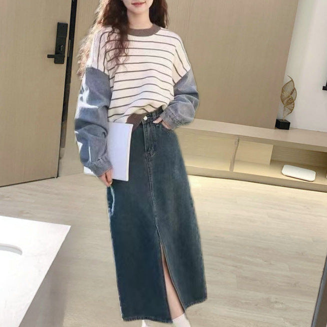 Damen modischer Sweater mit Denim-Ärmeln Drune