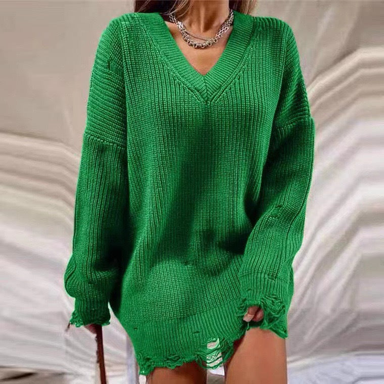 Damen Grobstrick Pullover mit V-Ausschnitt und lässigem Schnitt Drune