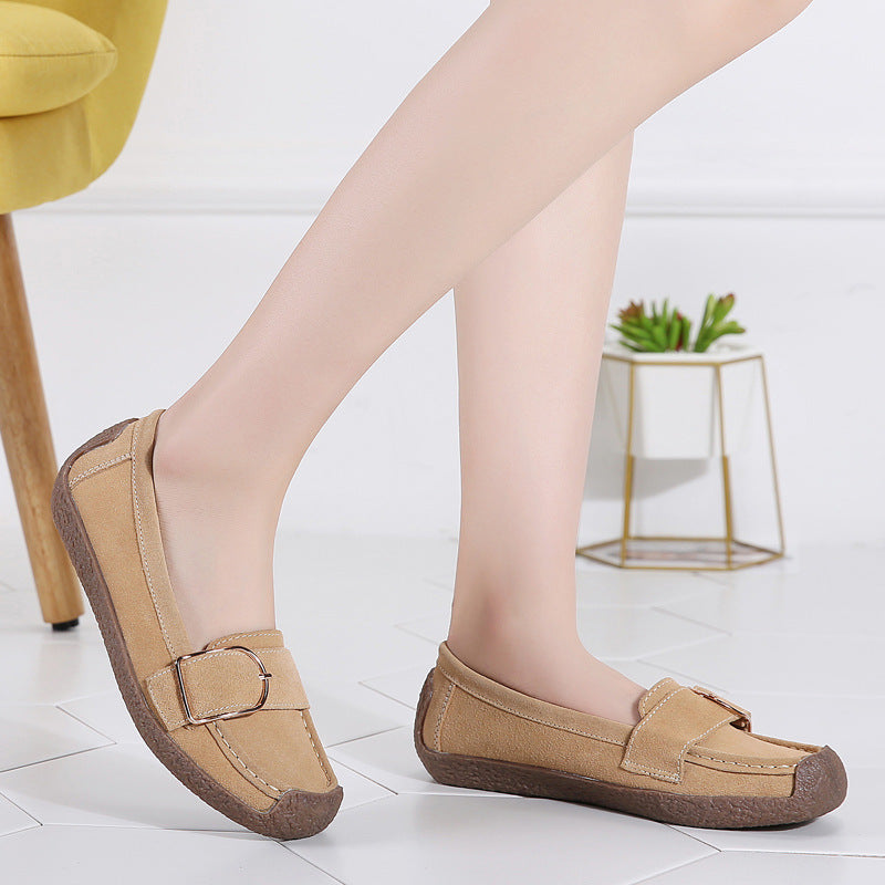 Damen nan Mokassin-Slipper aus Veloursleder mit dekorativer Metallschnalle, gepolstertem Fußbett und rutschfester Gummilaufsohle Drune