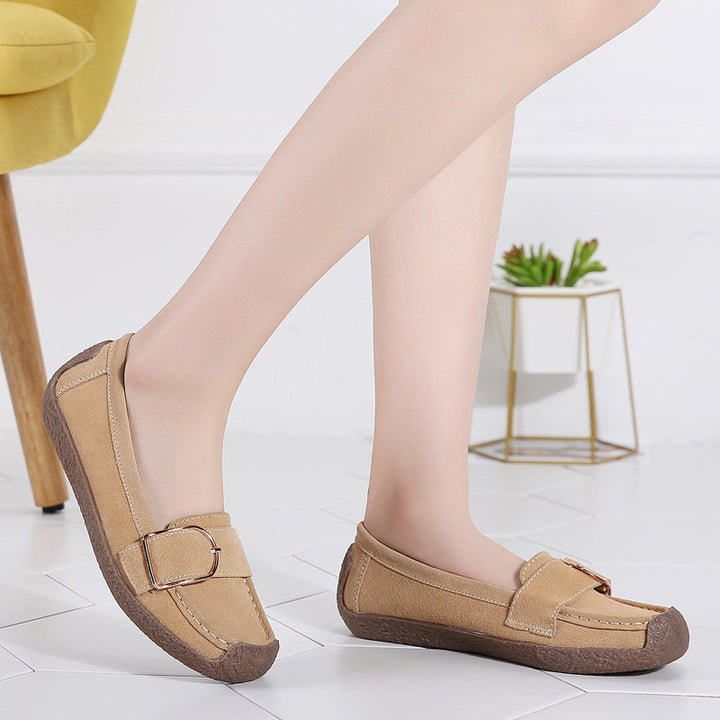 Damen nan Mokassin-Slipper aus Veloursleder mit dekorativer Metallschnalle, gepolstertem Fußbett und rutschfester Gummilaufsohle Drune