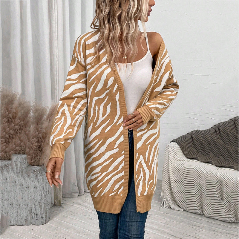 Damen Lässige Strickjacke im Zebra-Design mit langen Ärmeln und offenem V-Ausschnitt Drune