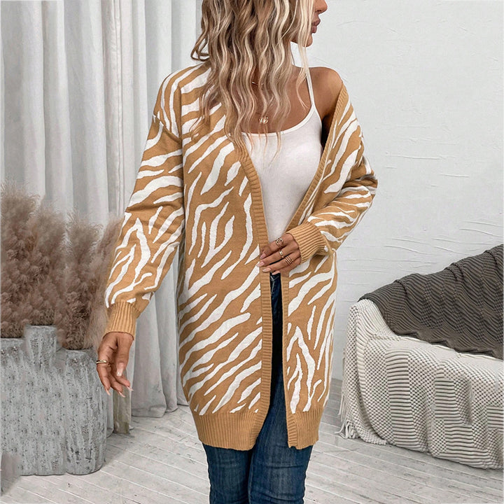 Damen Lässige Strickjacke im Zebra-Design mit langen Ärmeln und offenem V-Ausschnitt Drune