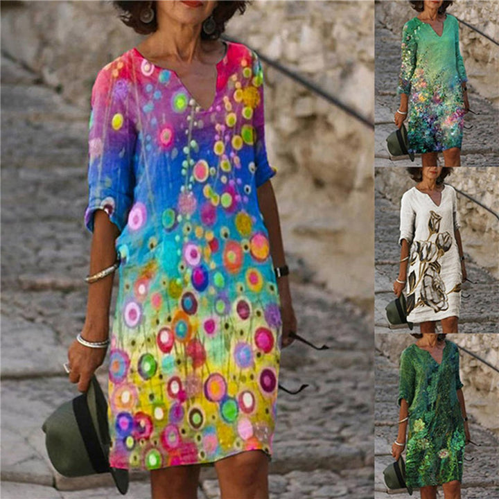 Damen Freizeitkleid mit floralem Design und V-Ausschnitt Drune