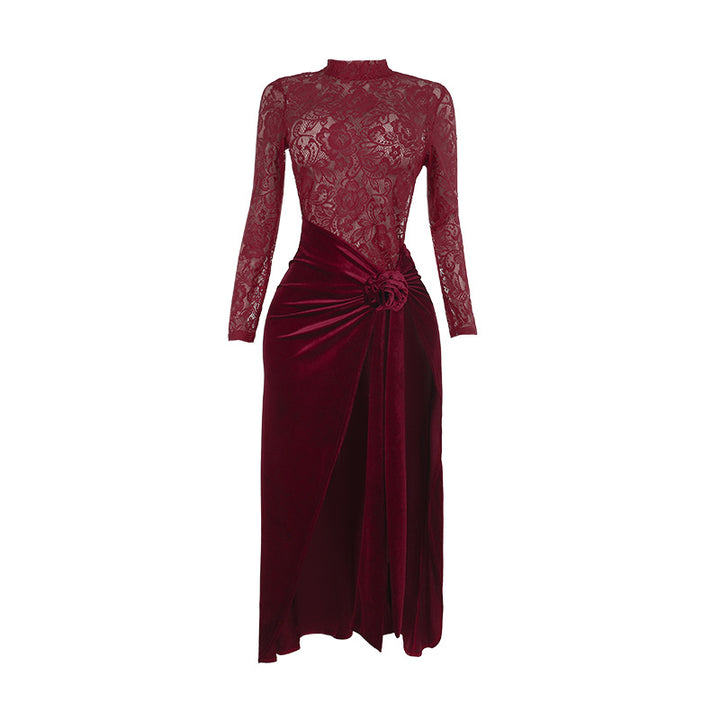 Damen Elegantes Spitzen- und Samt-Abendkleid mit hohem Schlitz und dekorativem Gürtel Drune