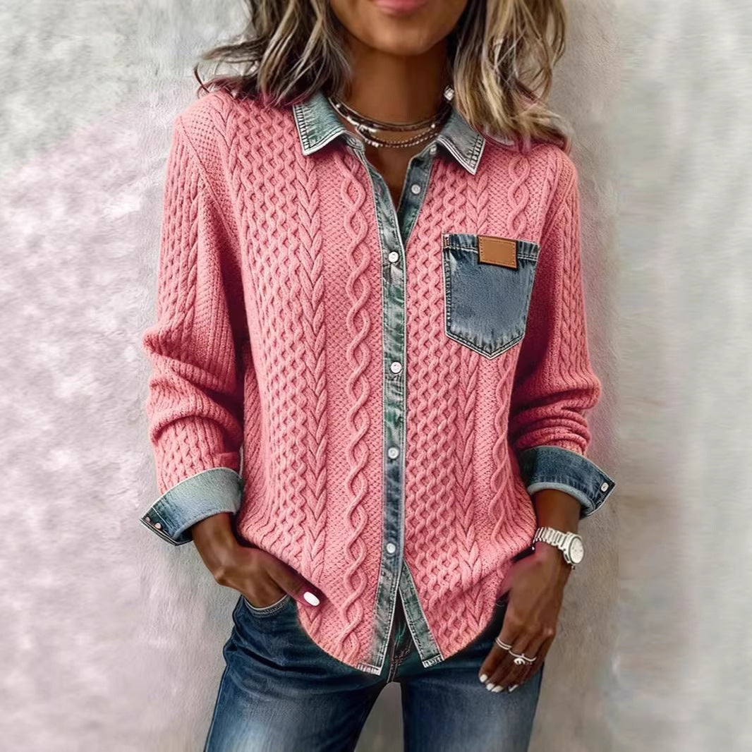 Damen nan geflochtener Strickpullover mit integriertem Jeanskragen und Brusttasche Drune