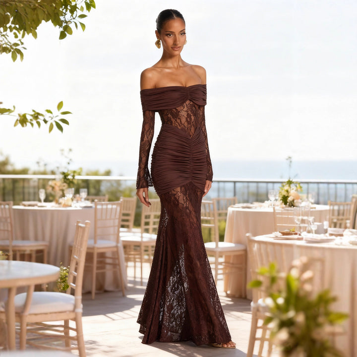 Damen Elegantes Spitzen Abendkleid mit schulterfreier Silhouette und raffinierten Rüschendetails Drune