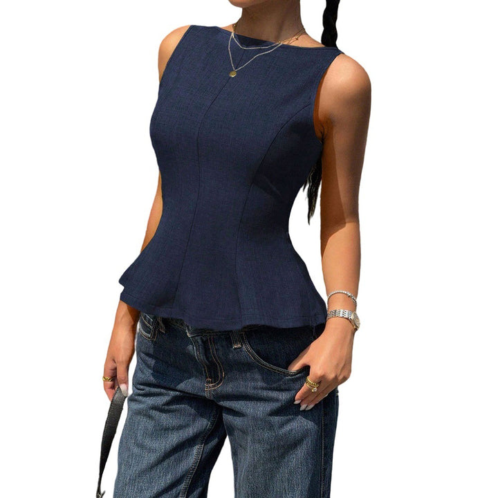 Damen raffiniertes Top mit peplum Saum und ärmellosem Design Drune