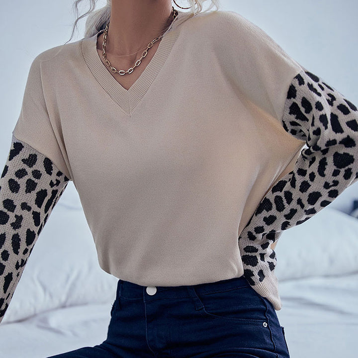 Damen Strickpullover mit V-Ausschnitt und Leopardenärmeln Drune
