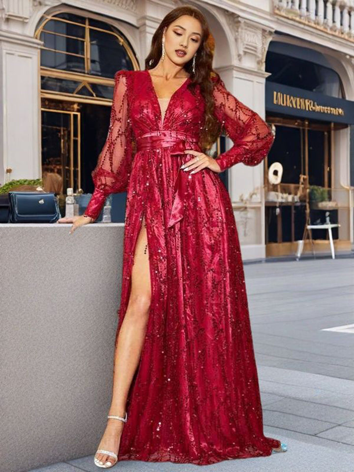 Damen Glitzerndes Abendkleid mit hochgeschlossenem V-Ausschnitt und seitlichem Schlitz Drune