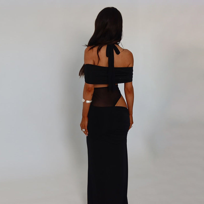 Damen Cocktailkleid mit schulterfreiem Design und raffiniertem Netz-Einsatz Drune
