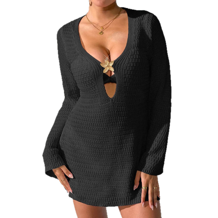 Damen gehäkeltes Strandkleid mit elegantem V-Ausschnitt und langen Ärmeln Drune