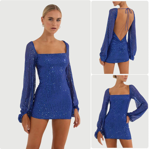 Damen Glamouröses Paillettenkleid mit transparenten Ärmeln und figurbetontem Schnitt Drune