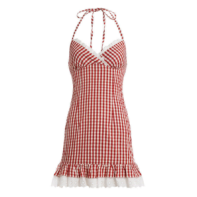 Damen Spaghetti-Trägerkleid mit verspieltem Vichy-Muster und Rüschensaum Drune