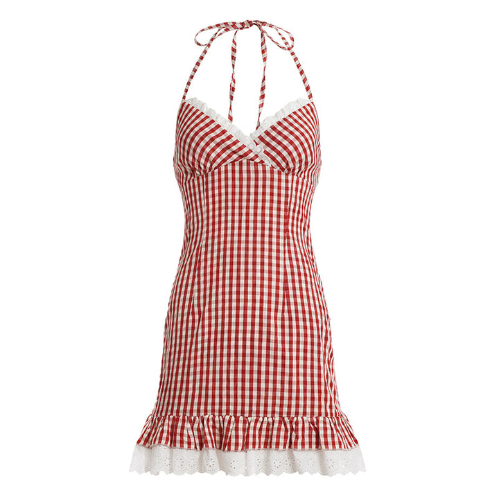 Damen Spaghetti-Trägerkleid mit verspieltem Vichy-Muster und Rüschensaum Drune