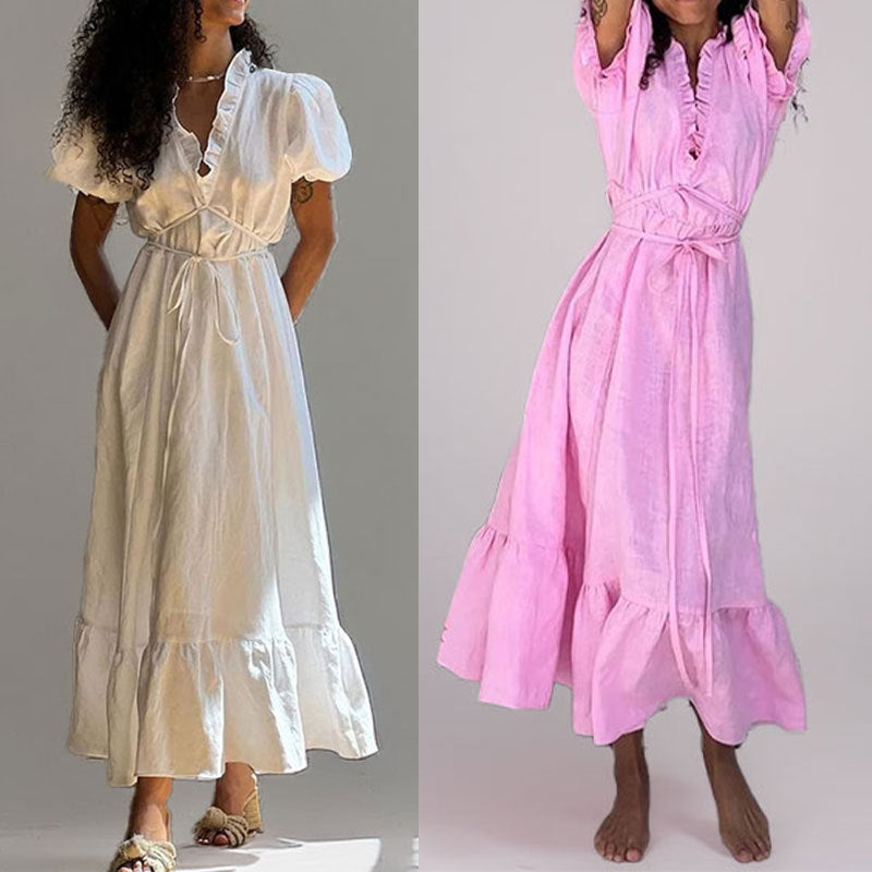 Damen Maxikleid mit luftiger Wickeloptik und dekorativem Rüschensaum Drune