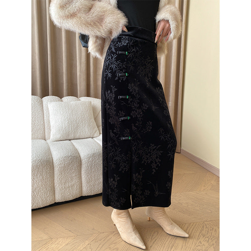 Damen Maxikleid mit floralem Samt-Design und elegantem Schlitz Drune