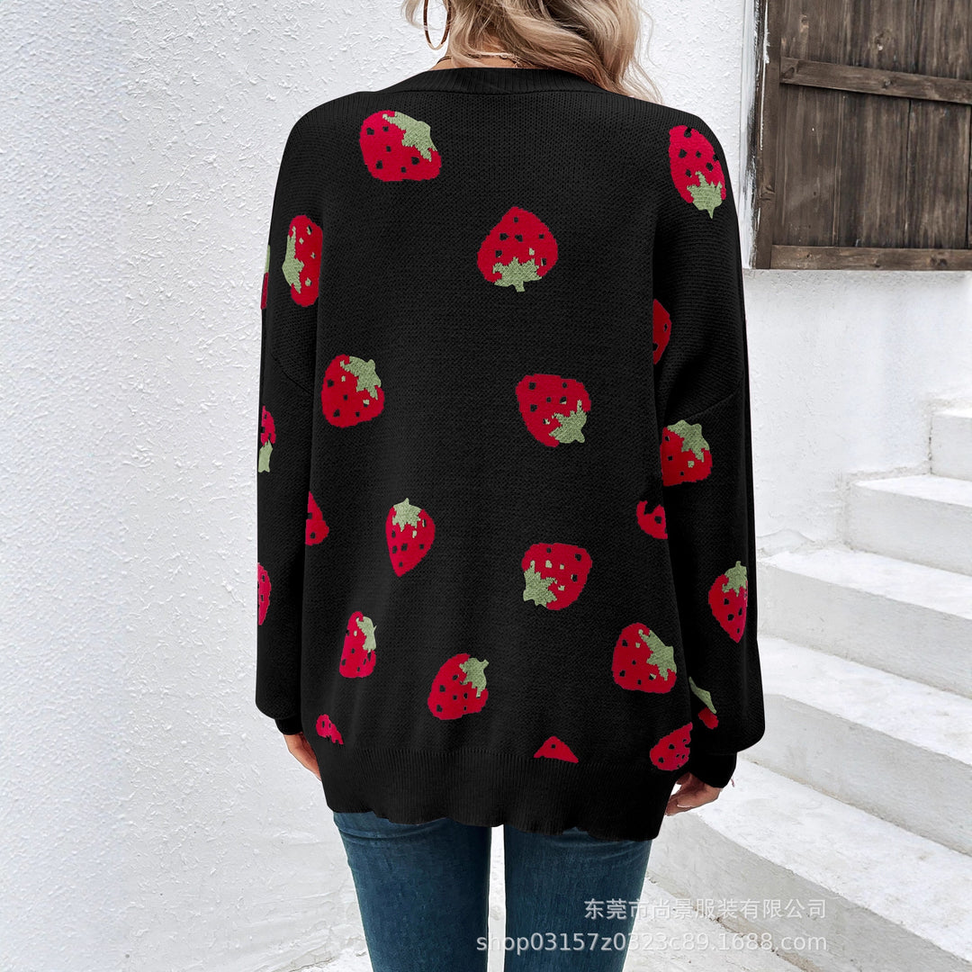 Damen Strickjacke mit Erdbeer-Muster Drune