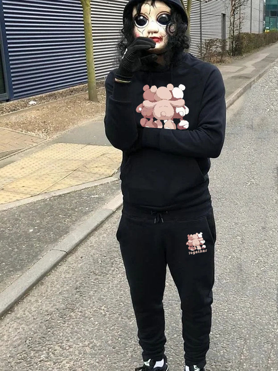 Damen Hoodie- und Jogginghose-Set mit kreativem Bärenmotiv und Kängurutaschen Drune