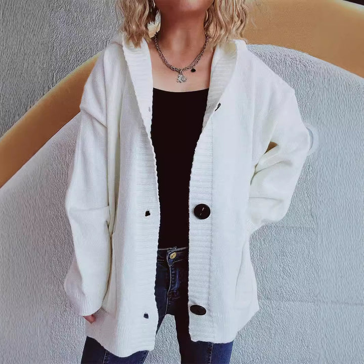 Damen bequeme Strickjacke mit Kapuze und praktischen Taschen Drune