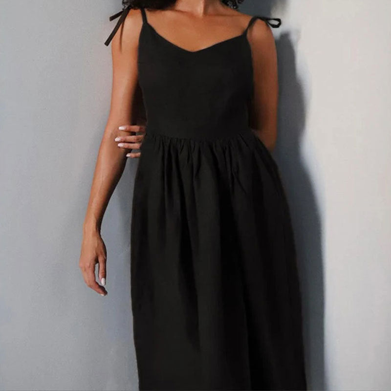 Damen Langes Leinenkleid mit tiefem V-Ausschnitt und taillierter Taille Drune