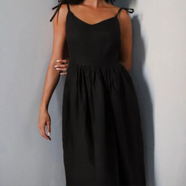 Damen Langes Leinenkleid mit tiefem V-Ausschnitt und taillierter Taille Drune