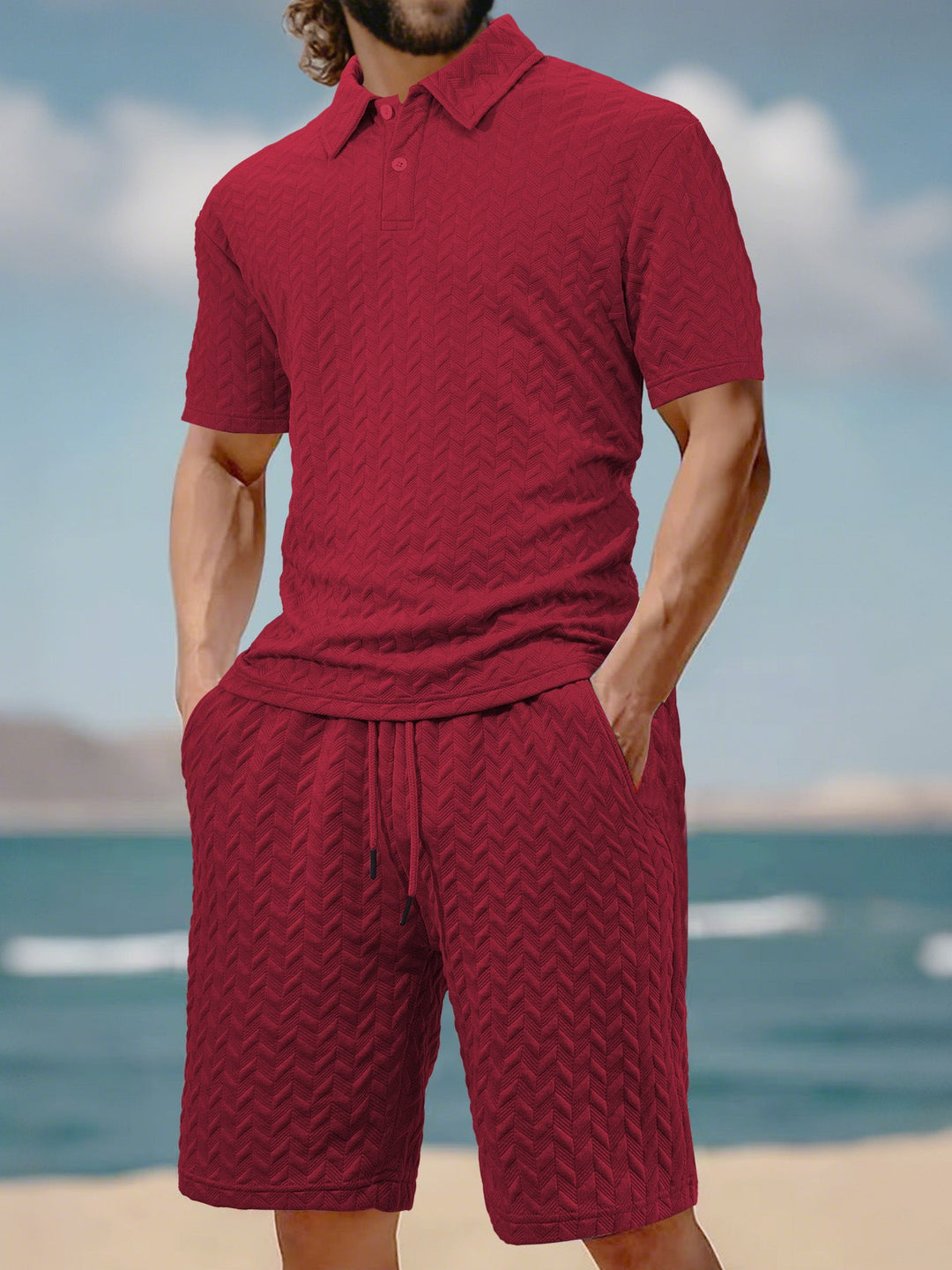 Herren nan geprägtes Strand-Ensemble mit offenem Kurzarm-Hemd und Kordel-Bermuda Drune