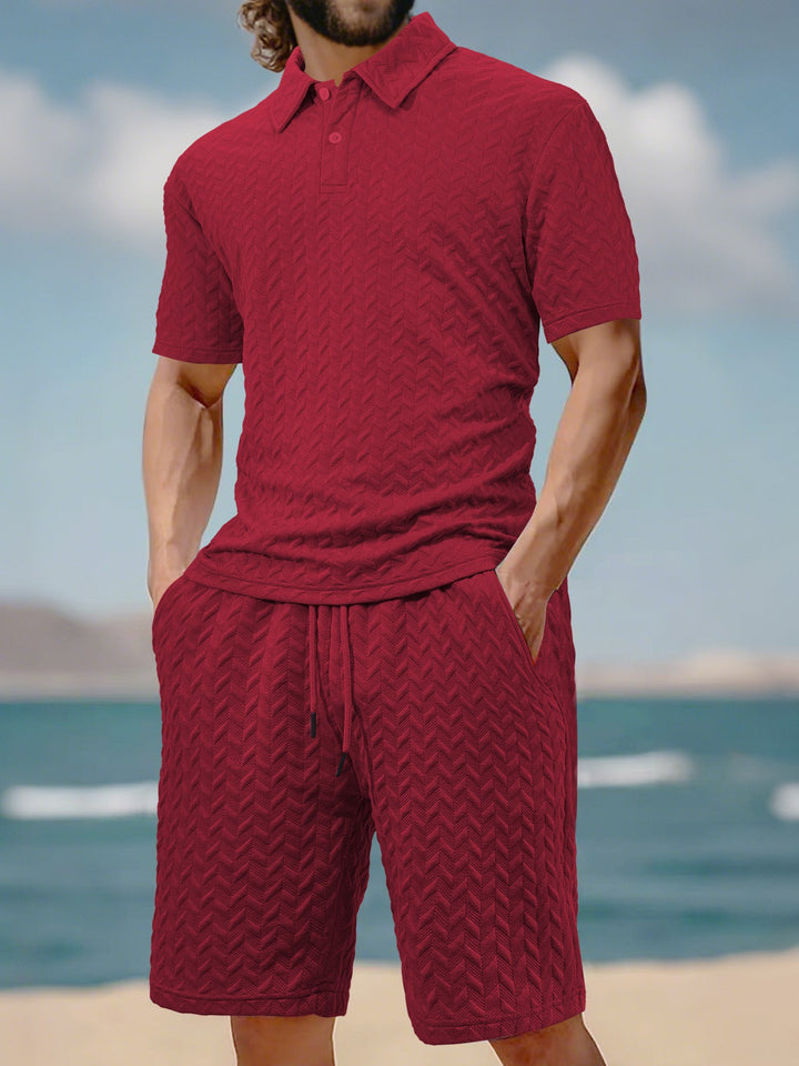 Herren nan geprägtes Strand-Ensemble mit offenem Kurzarm-Hemd und Kordel-Bermuda Drune