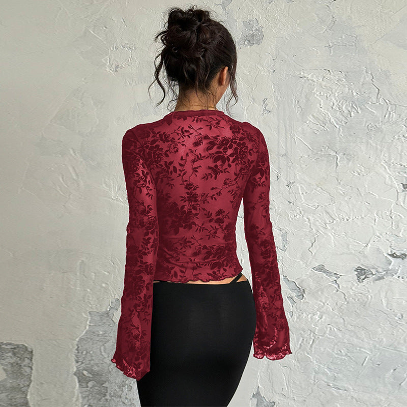 Damen Transparentes Spitzenoberteil mit floralem Design Drune