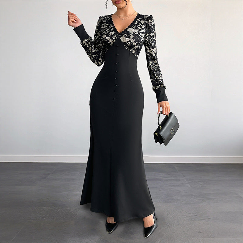 Damen Maxikleid mit elegantem Spitzenoberteil und taillierter Silhouette Drune